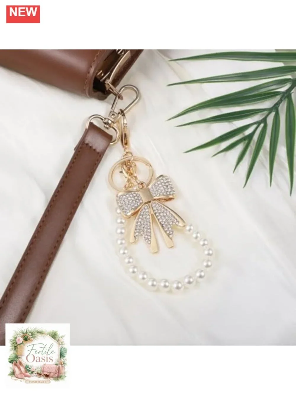 Rhinestone Bow Keychain with Pearl Chain, Lobster Clasp, Bag Charm